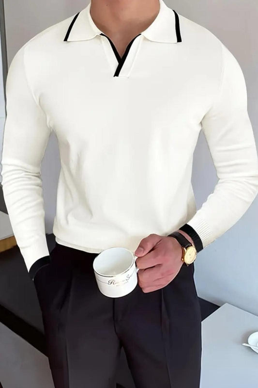Roxy Slim Fit Yakası ve Kolu Şeritli Erkek Polo Yaka Triko Kazak