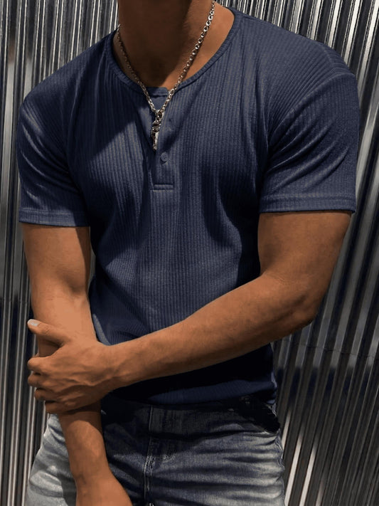 San Loe Erkek Slim Fit Likralı Henley Yaka Kısa Kollu Tişört - Düğmeli Esnek Kumaş