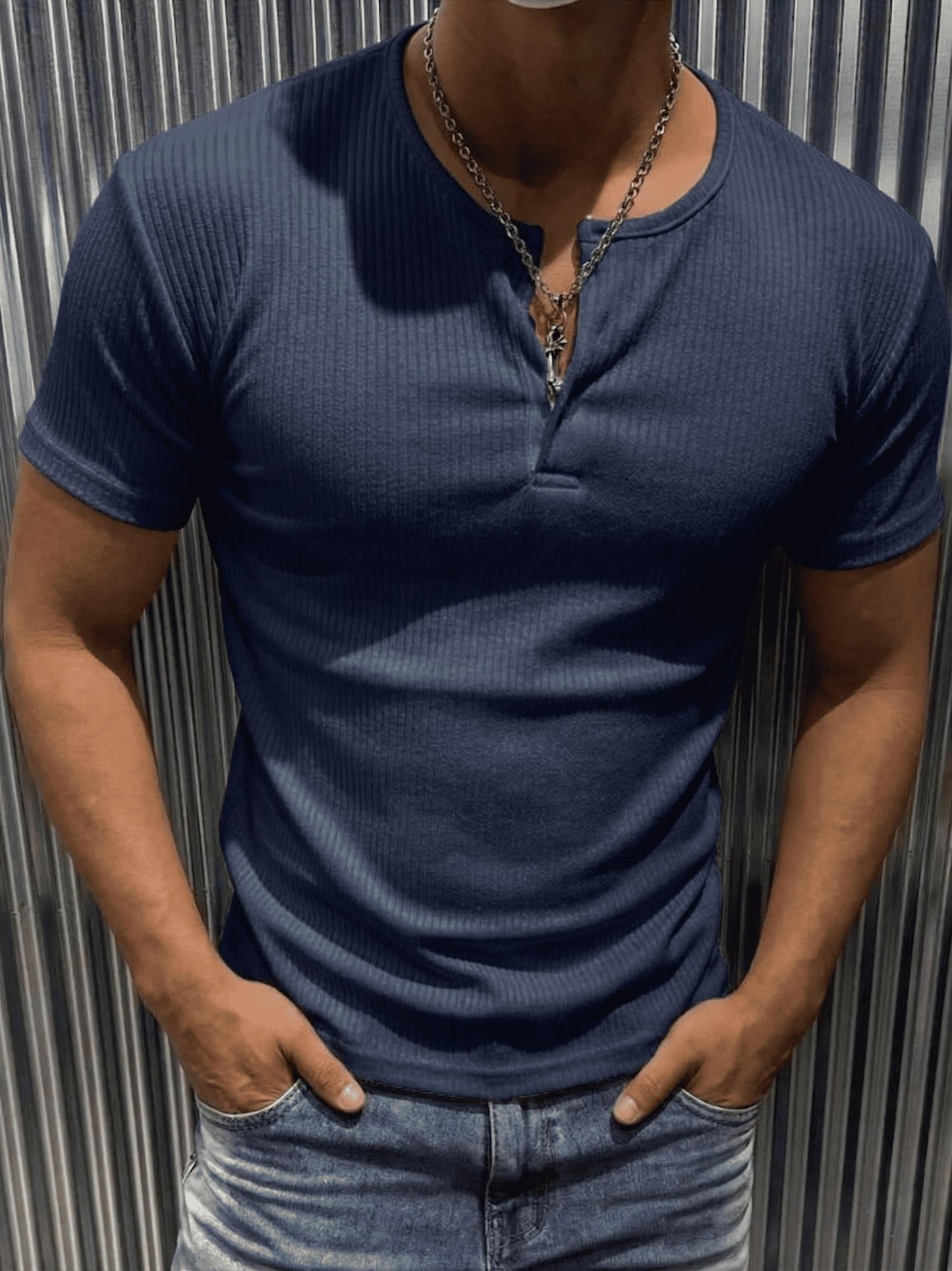 San Loe Erkek Slim Fit Likralı Henley Yaka Kısa Kollu Tişört - Düğmeli Esnek Kumaş