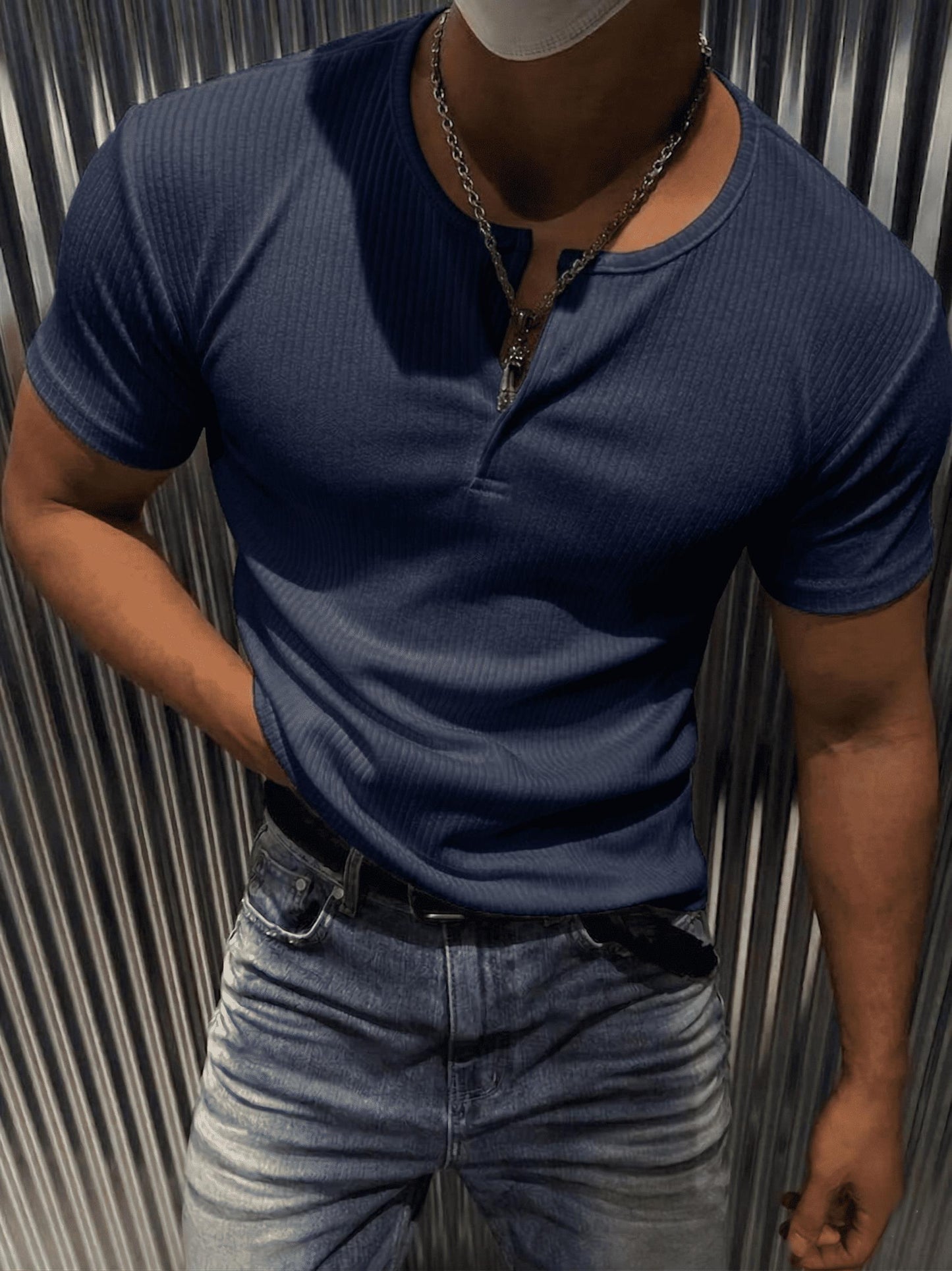 San Loe Erkek Slim Fit Likralı Henley Yaka Kısa Kollu Tişört - Düğmeli Esnek Kumaş