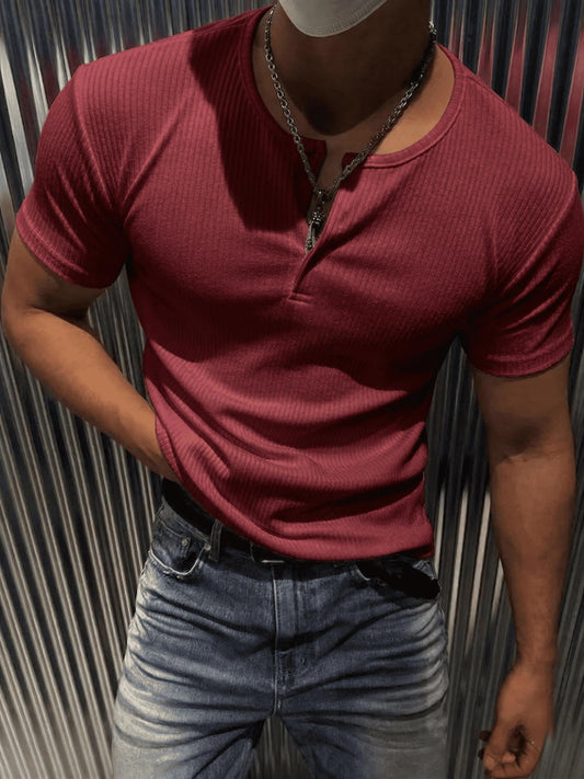 San Loe Erkek Slim Fit Likralı Henley Yaka Kısa Kollu Tişört - Düğmeli Esnek Kumaş