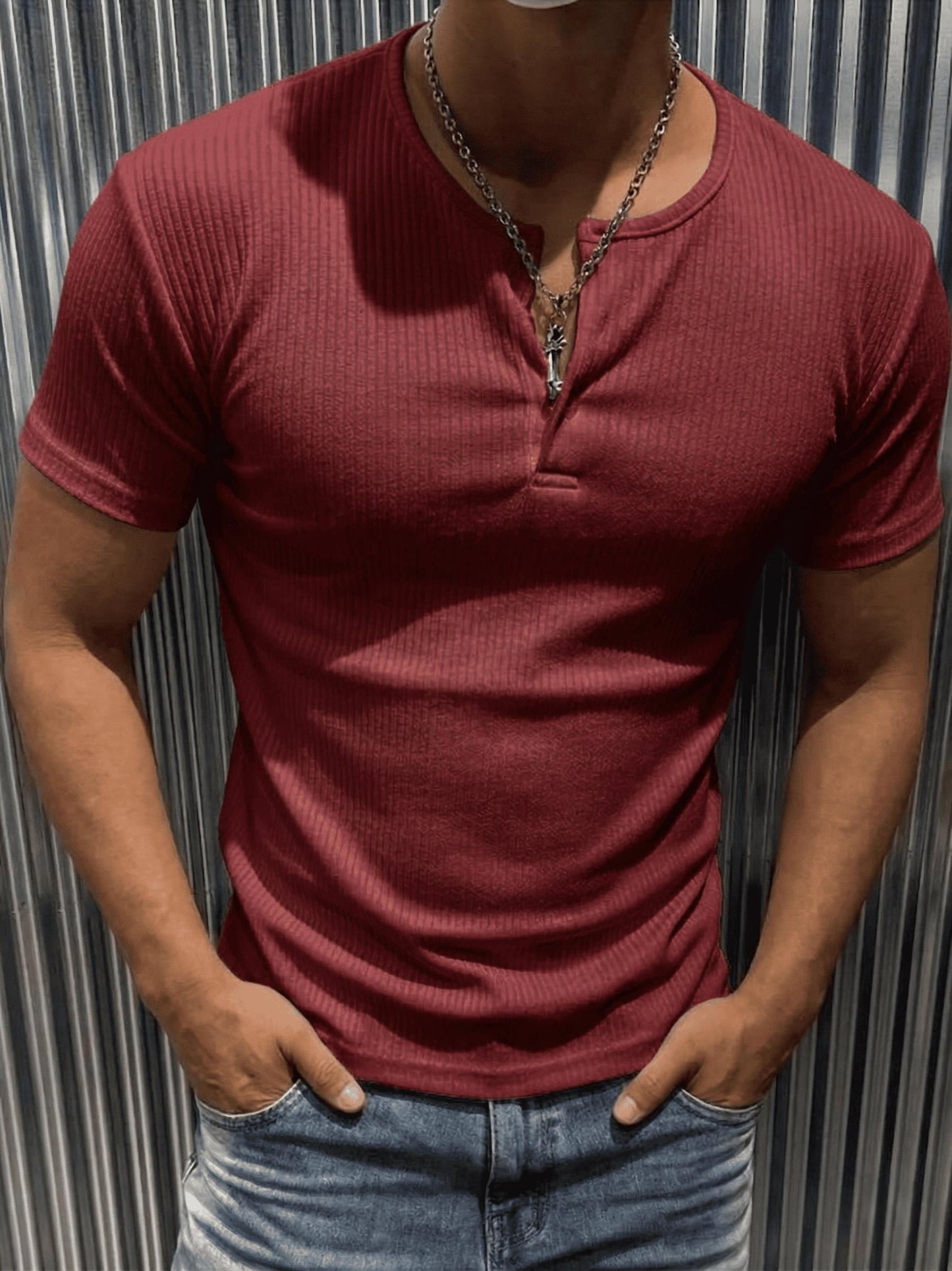 San Loe Erkek Slim Fit Likralı Henley Yaka Kısa Kollu Tişört - Düğmeli Esnek Kumaş