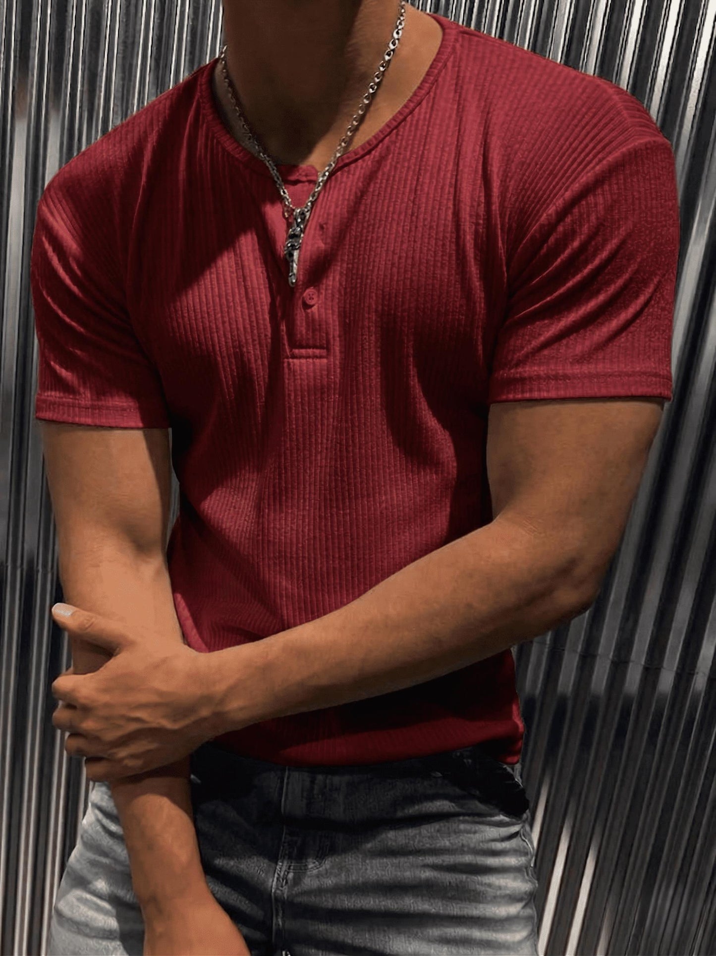 San Loe Erkek Slim Fit Likralı Henley Yaka Kısa Kollu Tişört - Düğmeli Esnek Kumaş