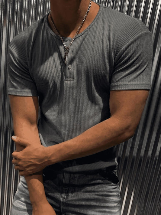 San Loe Erkek Slim Fit Likralı Henley Yaka Kısa Kollu Tişört - Düğmeli Esnek Kumaş