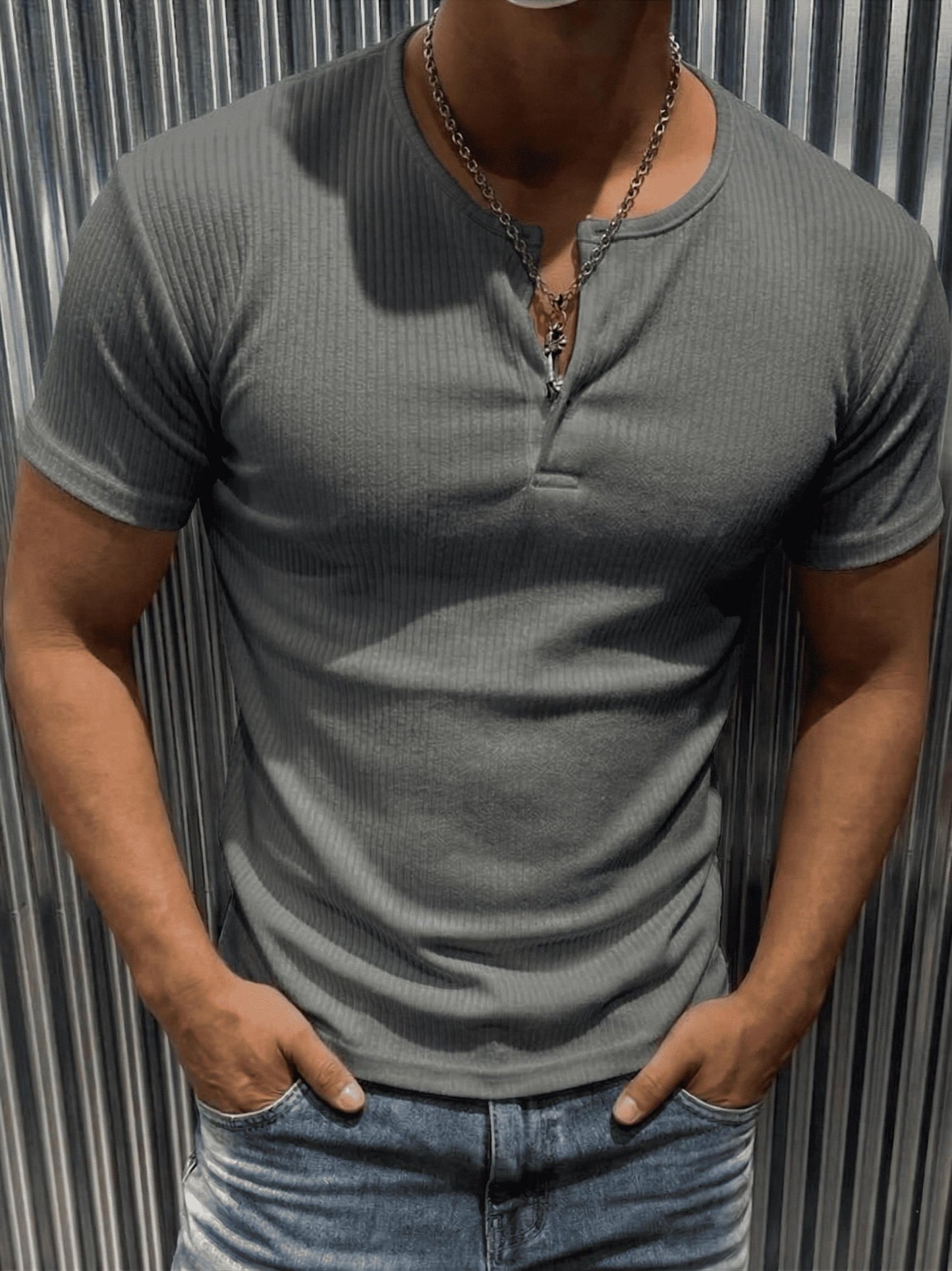 San Loe Erkek Slim Fit Likralı Henley Yaka Kısa Kollu Tişört - Düğmeli Esnek Kumaş