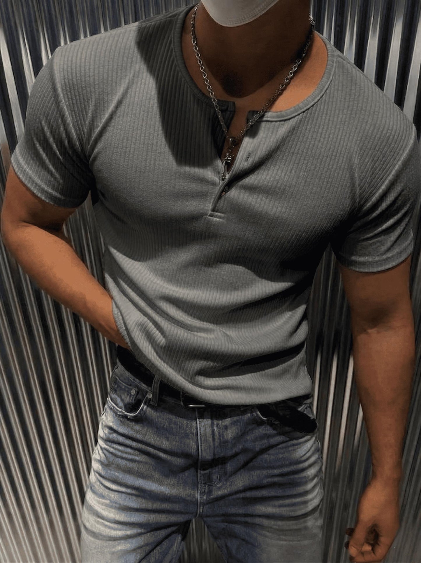 San Loe Erkek Slim Fit Likralı Henley Yaka Kısa Kollu Tişört - Düğmeli Esnek Kumaş