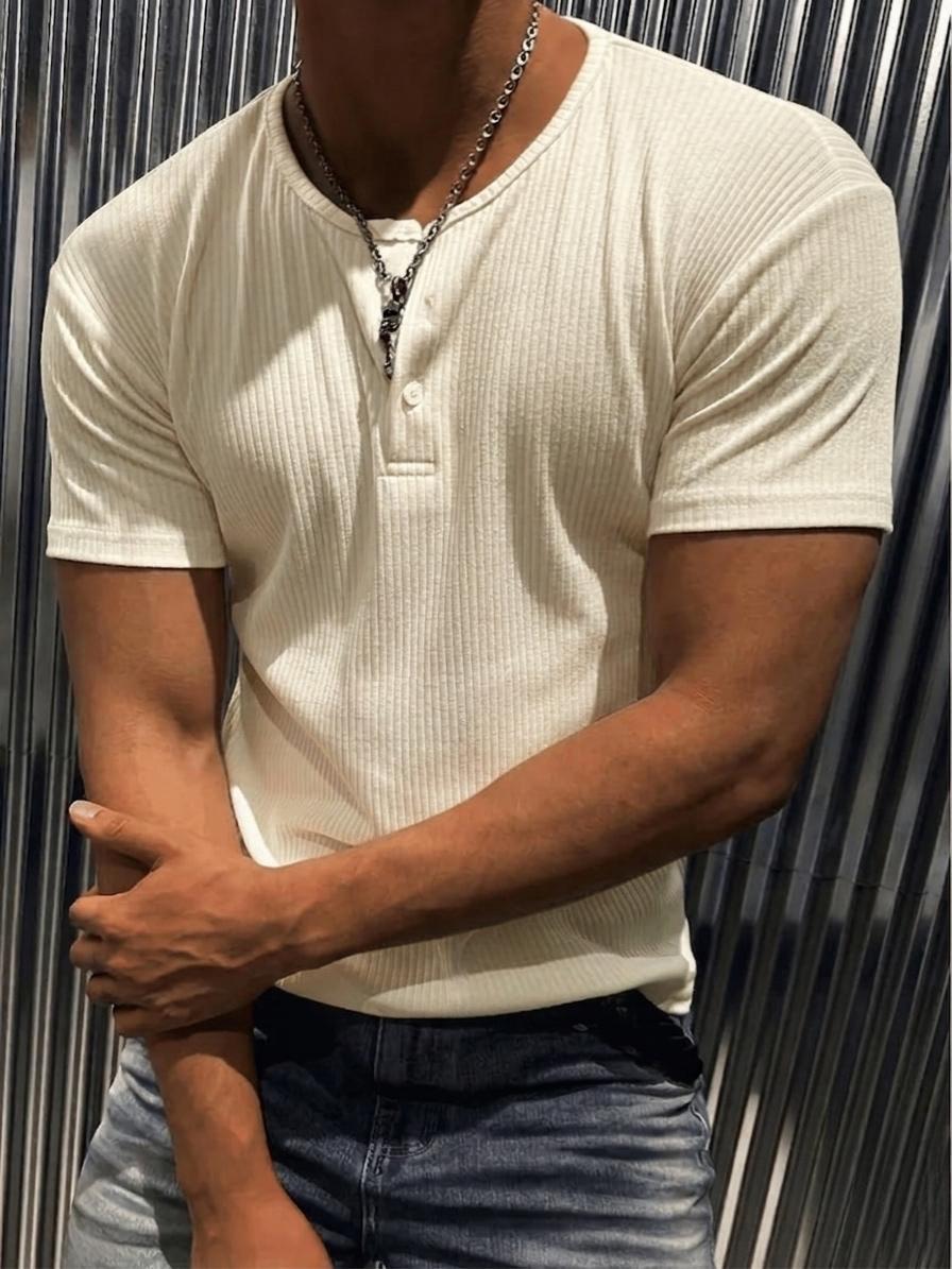 San Loe Erkek Slim Fit Likralı Henley Yaka Kısa Kollu Tişört - Düğmeli Esnek Kumaş