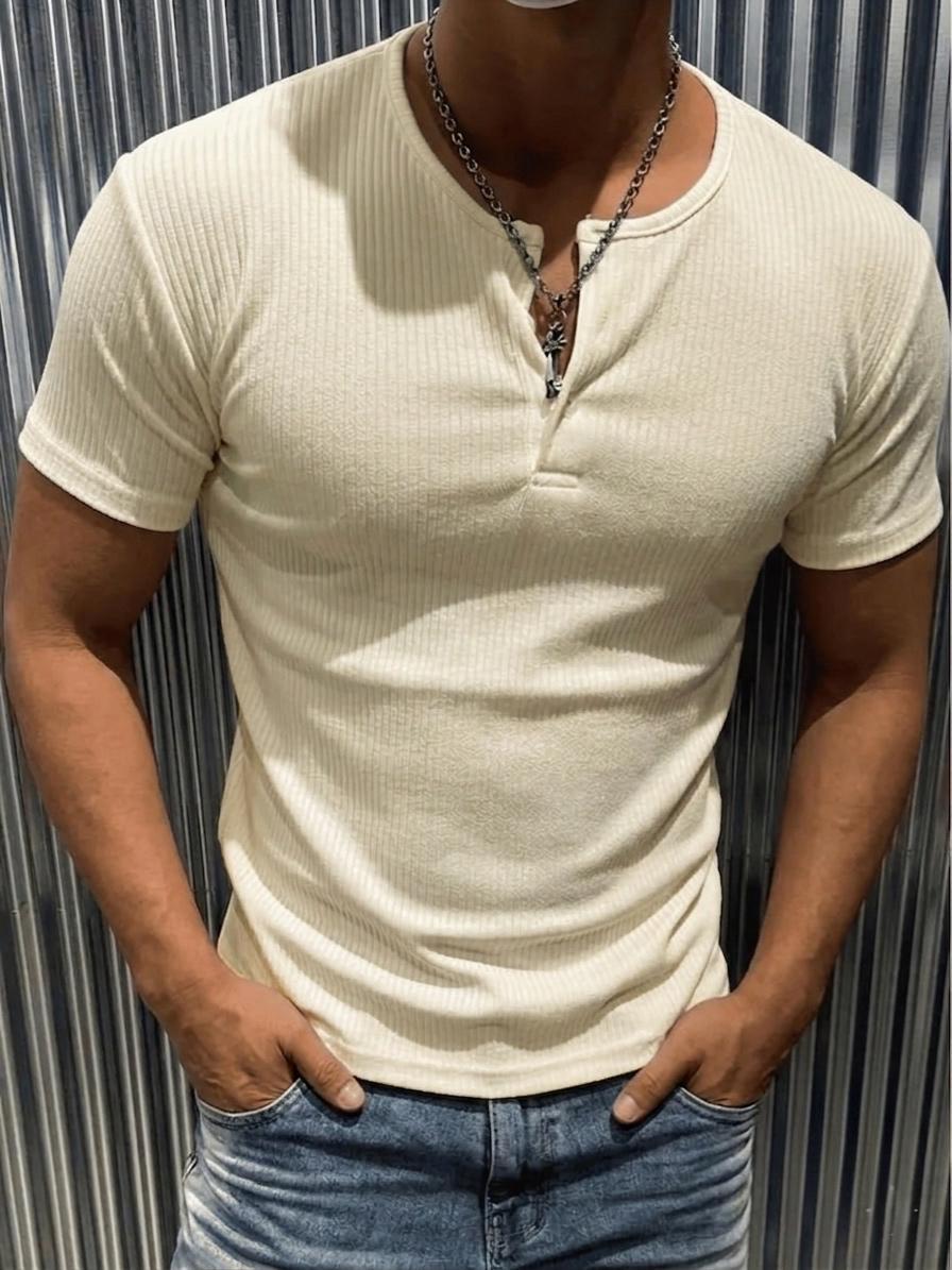 San Loe Erkek Slim Fit Likralı Henley Yaka Kısa Kollu Tişört - Düğmeli Esnek Kumaş
