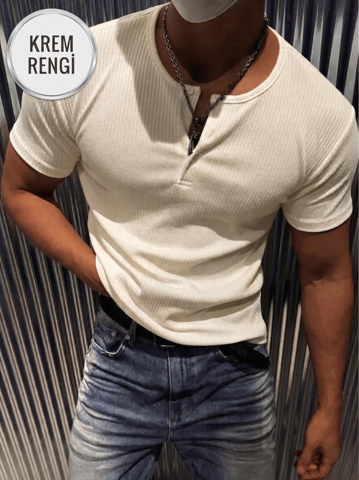 San Loe Erkek Slim Fit Likralı Henley Yaka Kısa Kollu Tişört - Düğmeli Esnek Kumaş