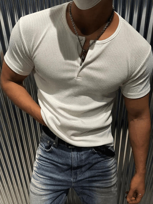 San Loe Erkek Slim Fit Likralı Henley Yaka Kısa Kollu Tişört - Düğmeli Esnek Kumaş
