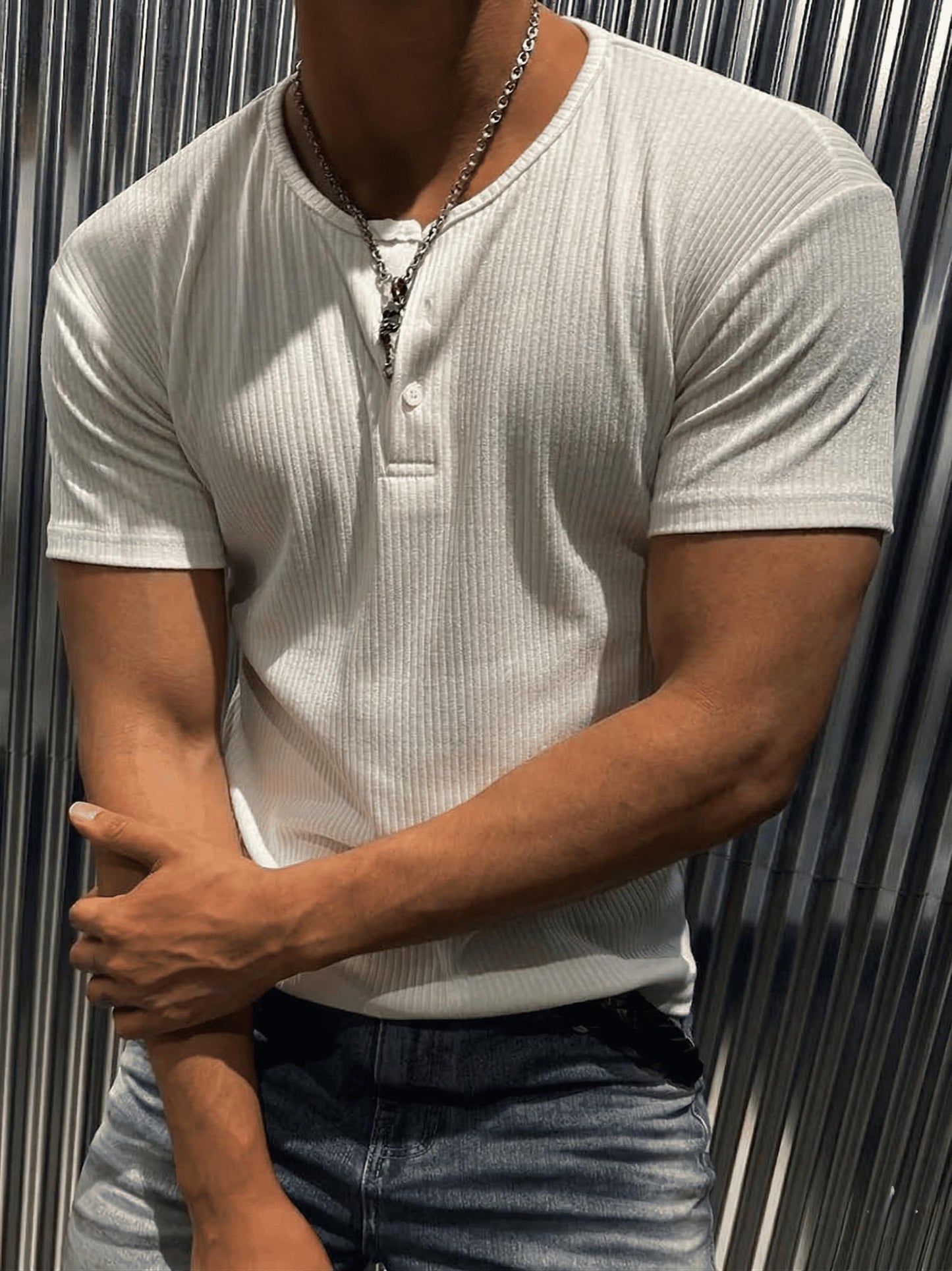 San Loe Erkek Slim Fit Likralı Henley Yaka Kısa Kollu Tişört - Düğmeli Esnek Kumaş