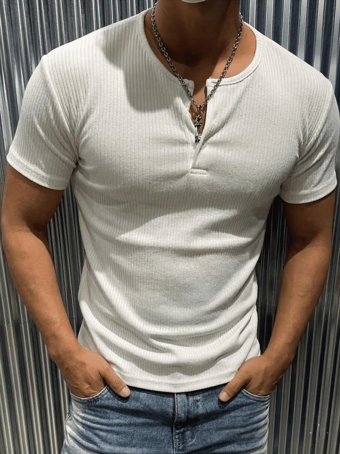 San Loe Erkek Slim Fit Likralı Henley Yaka Kısa Kollu Tişört - Düğmeli Esnek Kumaş