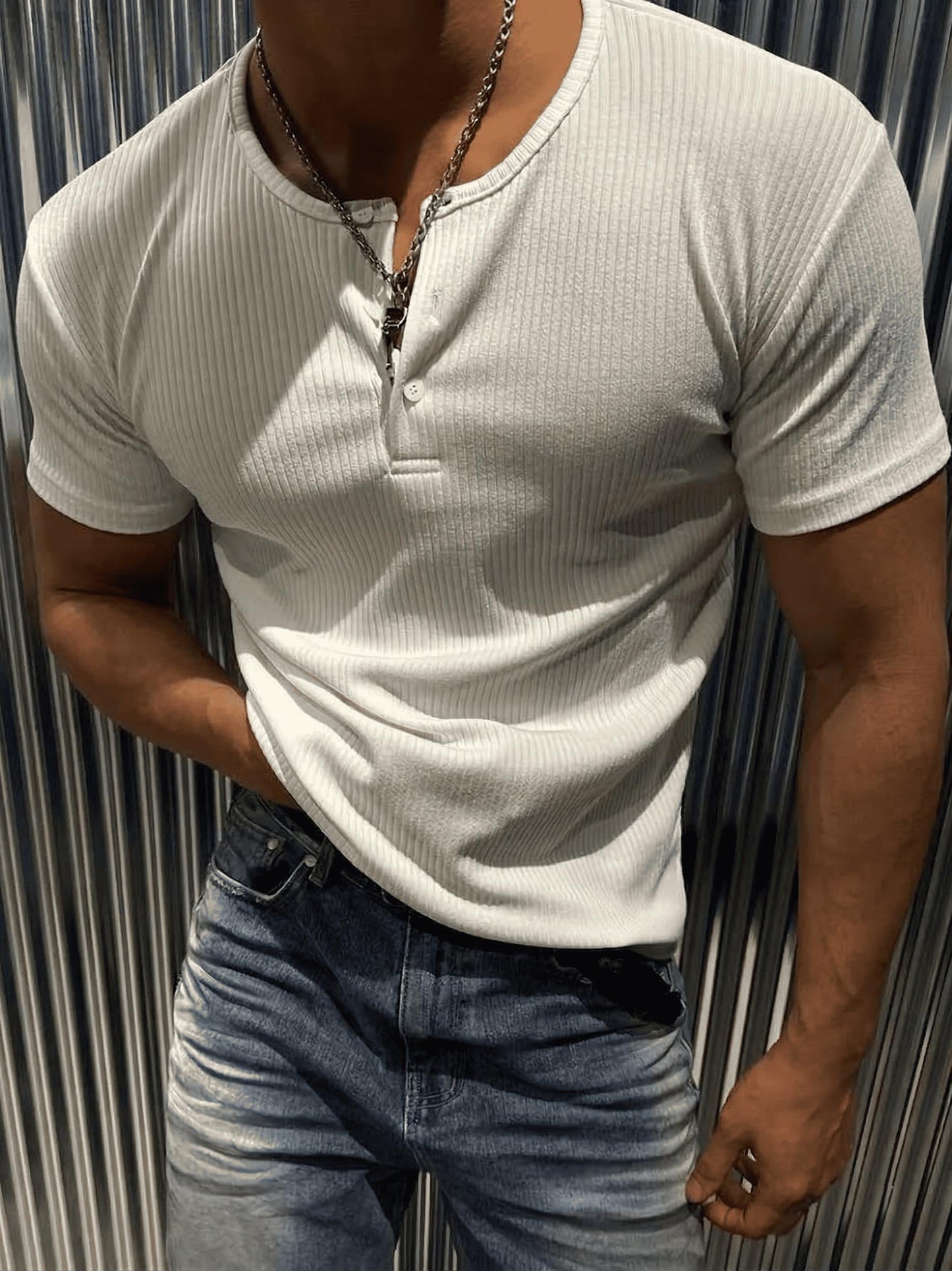 San Loe Erkek Slim Fit Likralı Henley Yaka Kısa Kollu Tişört - Düğmeli Esnek Kumaş