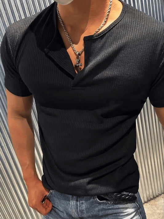 San Loe Erkek Slim Fit Likralı Henley Yaka Kısa Kollu Tişört - Düğmeli Esnek Kumaş