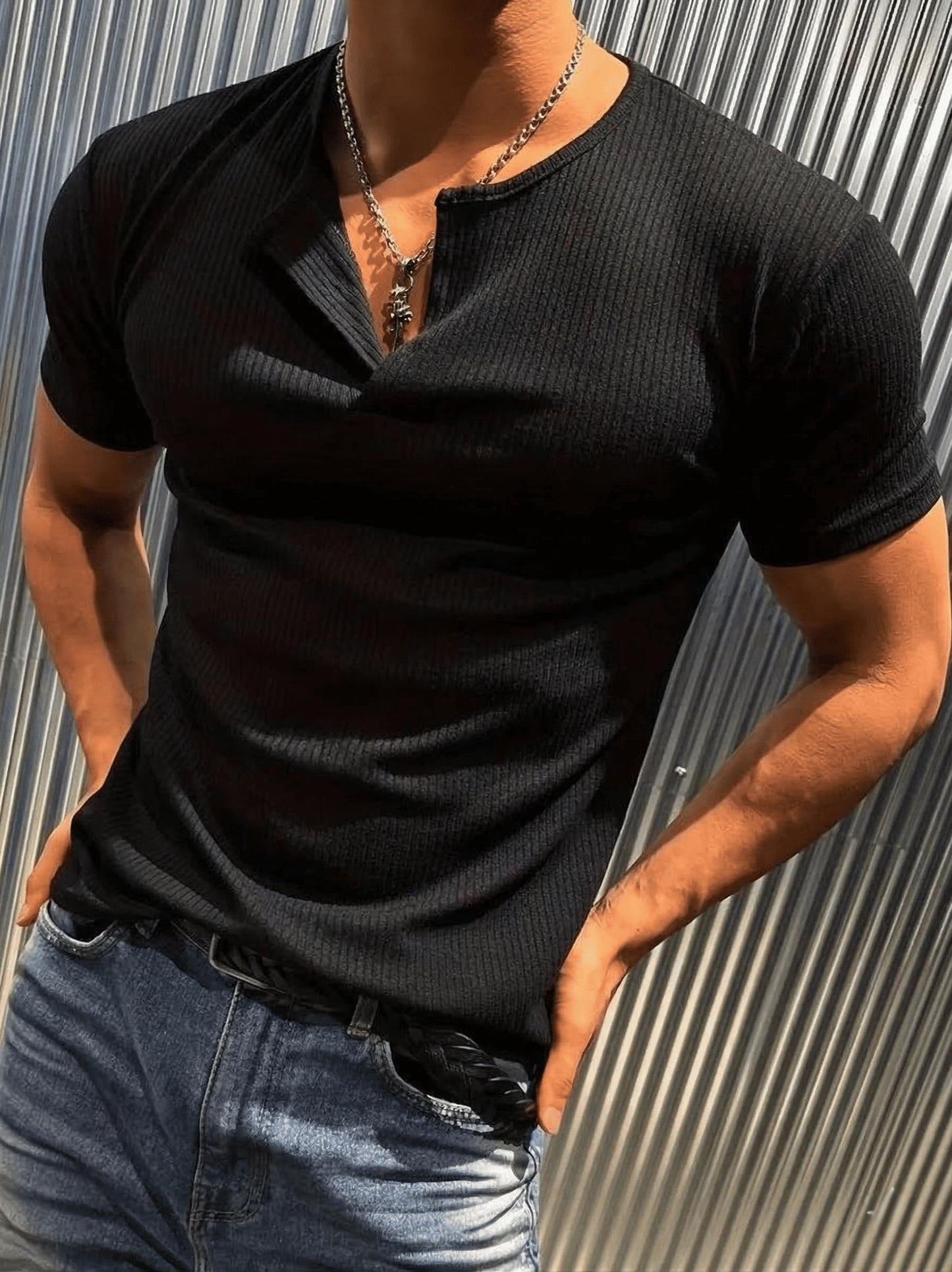 San Loe Erkek Slim Fit Likralı Henley Yaka Kısa Kollu Tişört - Düğmeli Esnek Kumaş