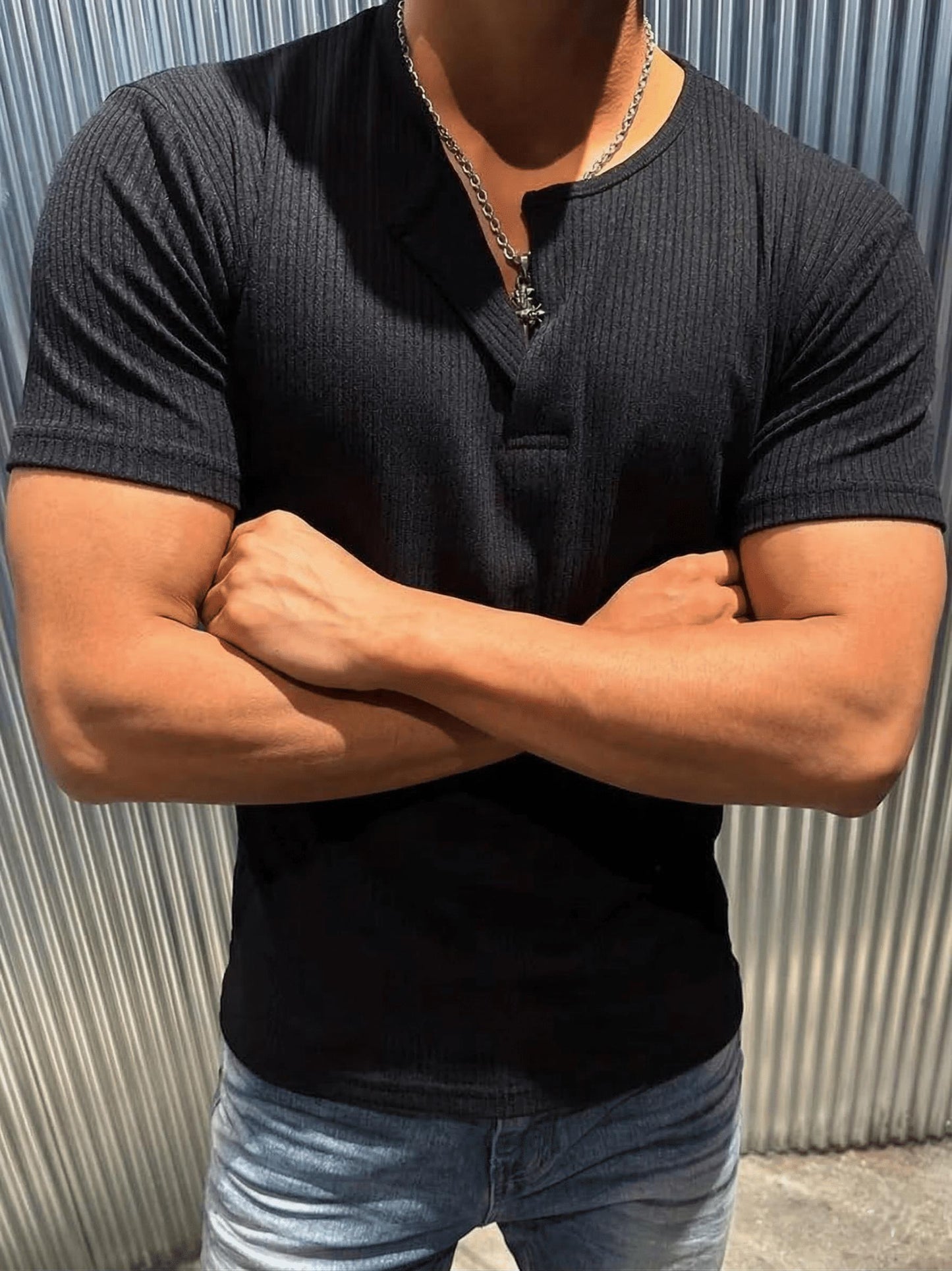 San Loe Erkek Slim Fit Likralı Henley Yaka Kısa Kollu Tişört - Düğmeli Esnek Kumaş