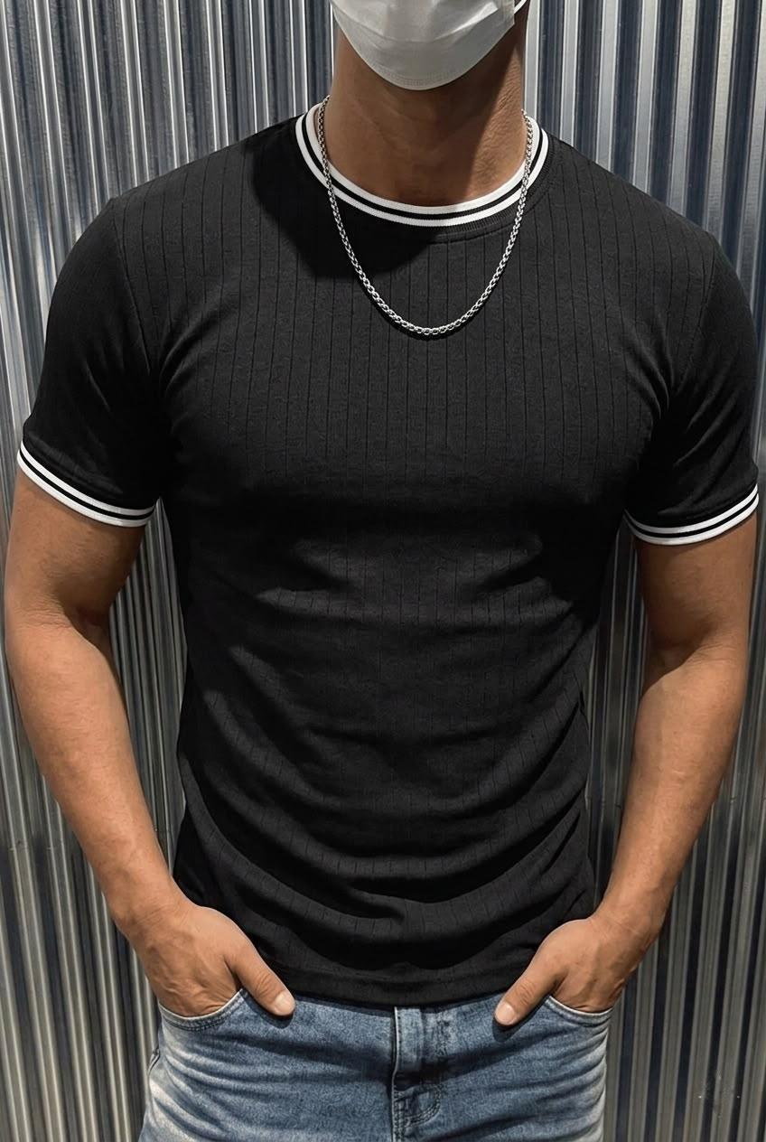 Santa Çizgili Scuba Yaka Ve Kol Ribanalı Spor Şık Erkek T-Shirt
