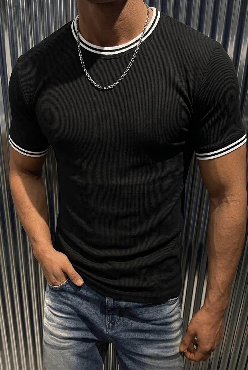 Santa Çizgili Scuba Yaka Ve Kol Ribanalı Spor Şık Erkek T-Shirt