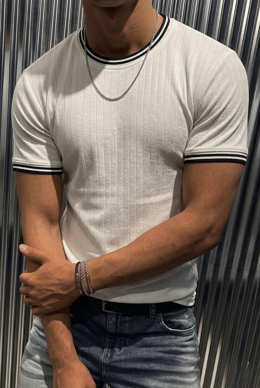 Santa Çizgili Scuba Yaka Ve Kol Ribanalı Spor Şık Erkek T-Shirt