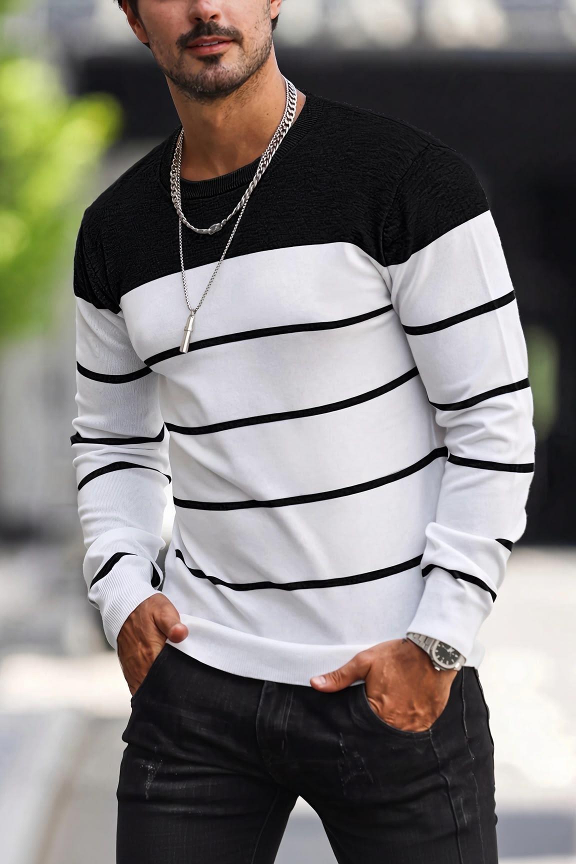 Santi Slim Fit Çizgili Bisiklet Yaka Erkek Triko Kazak
