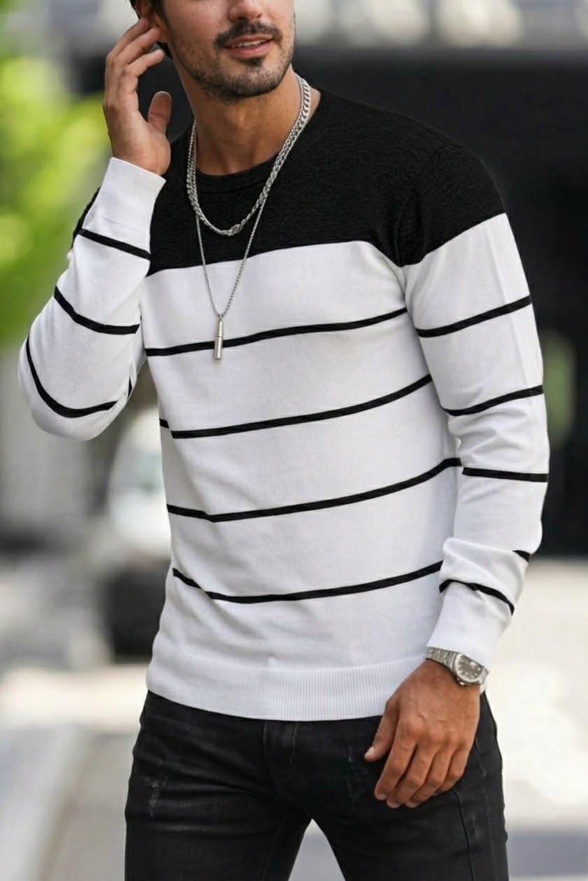 Santi Slim Fit Çizgili Bisiklet Yaka Erkek Triko Kazak