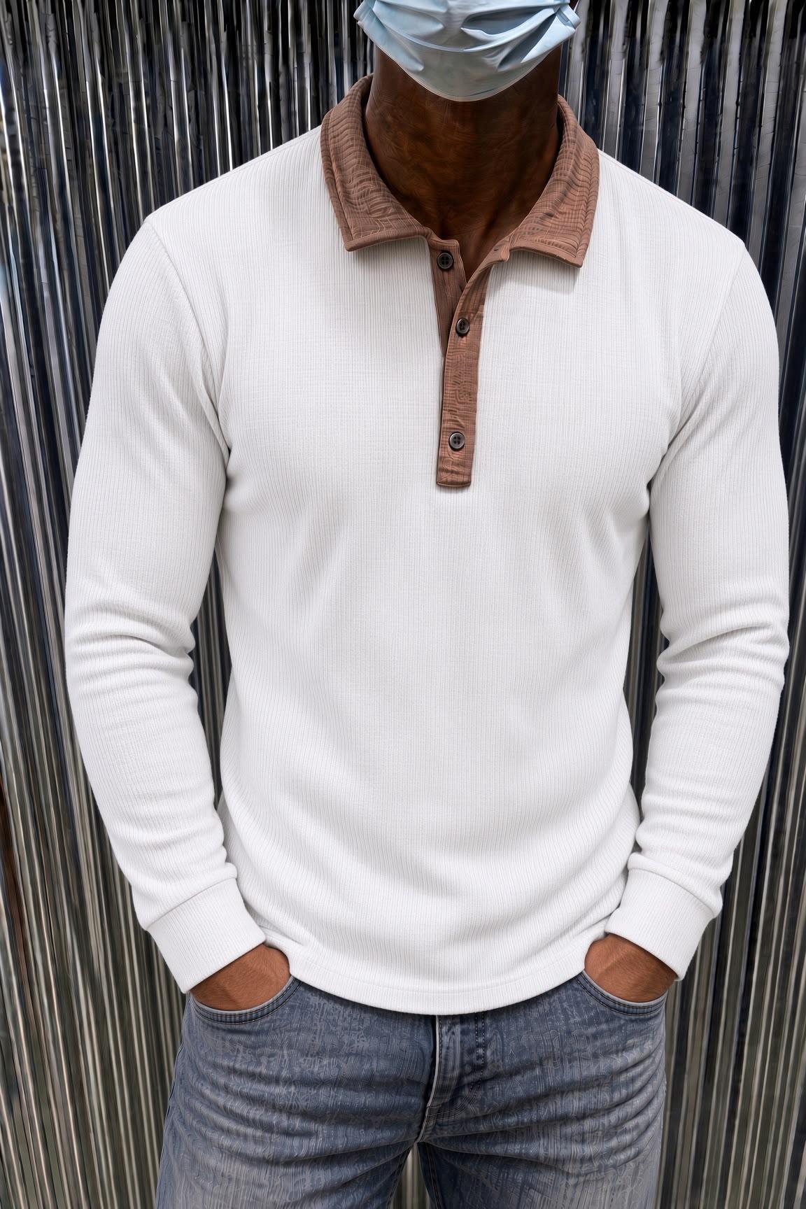 Sayz Erkek Ribanalı Polo Yaka Uzun Kollu Tişört - Kontrast Yaka Slim Fit Düğmeli Sweatshirt