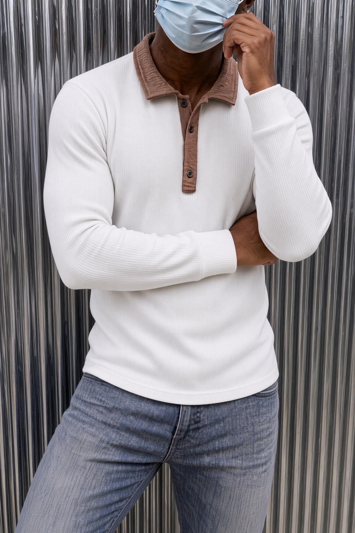 Sayz Erkek Ribanalı Polo Yaka Uzun Kollu Tişört - Kontrast Yaka Slim Fit Düğmeli Sweatshirt