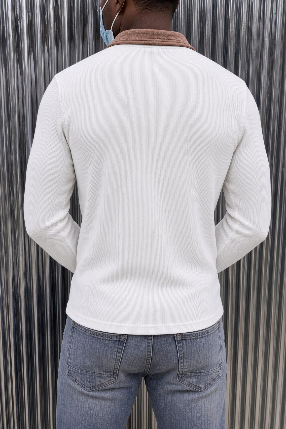 Sayz Erkek Ribanalı Polo Yaka Uzun Kollu Tişört - Kontrast Yaka Slim Fit Düğmeli Sweatshirt