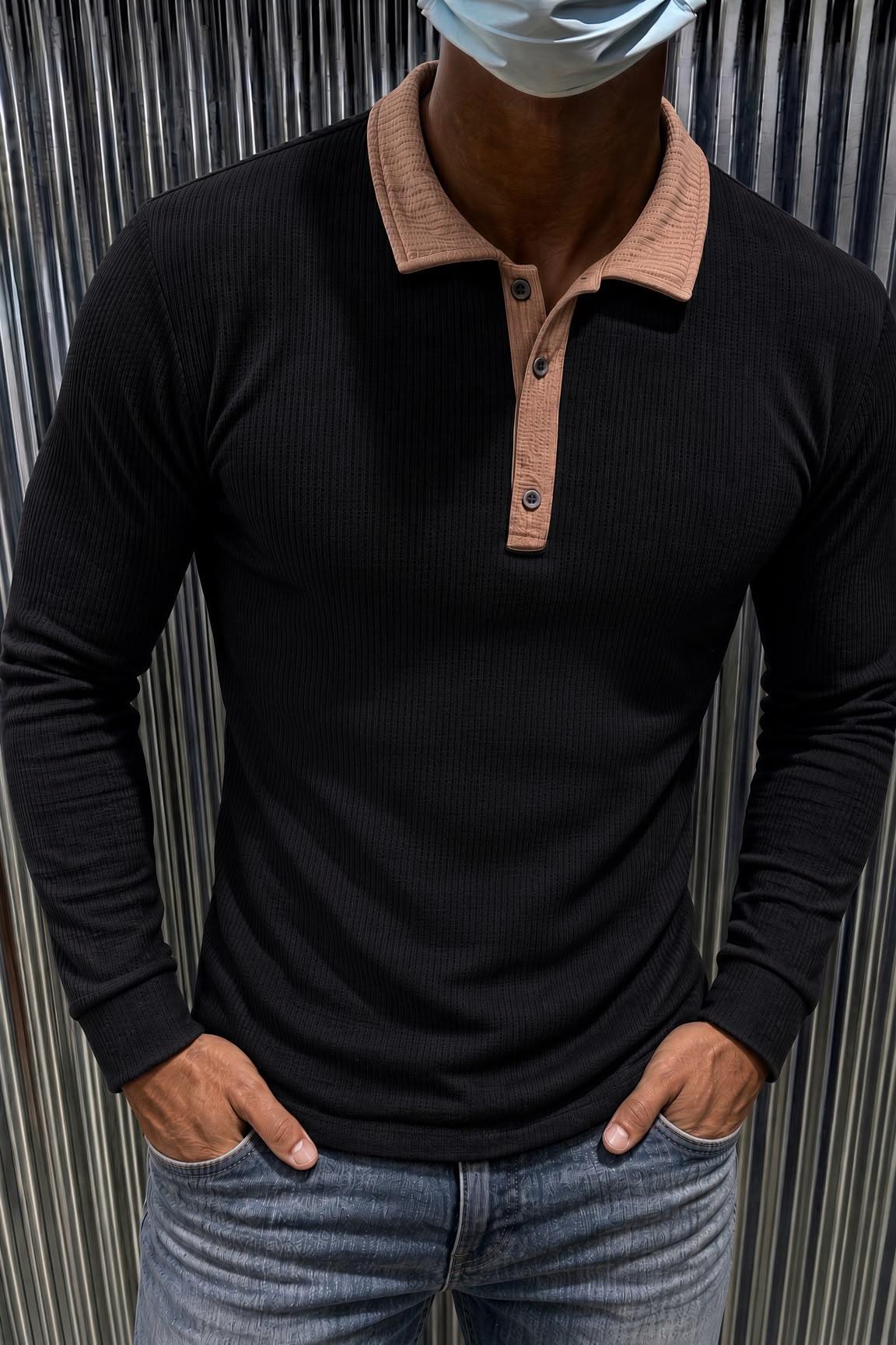 Sayz Erkek Ribanalı Polo Yaka Uzun Kollu Tişört - Kontrast Yaka Slim Fit Düğmeli Sweatshirt