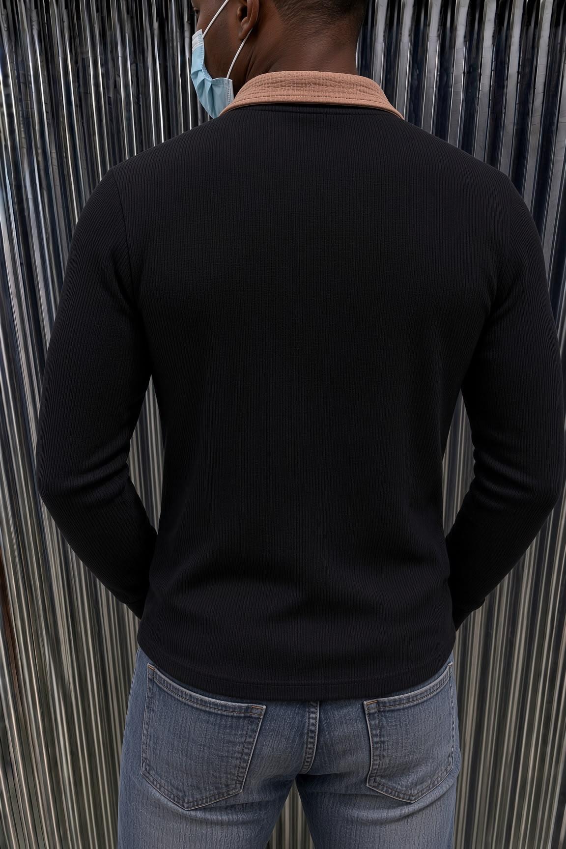 Sayz Erkek Ribanalı Polo Yaka Uzun Kollu Tişört - Kontrast Yaka Slim Fit Düğmeli Sweatshirt