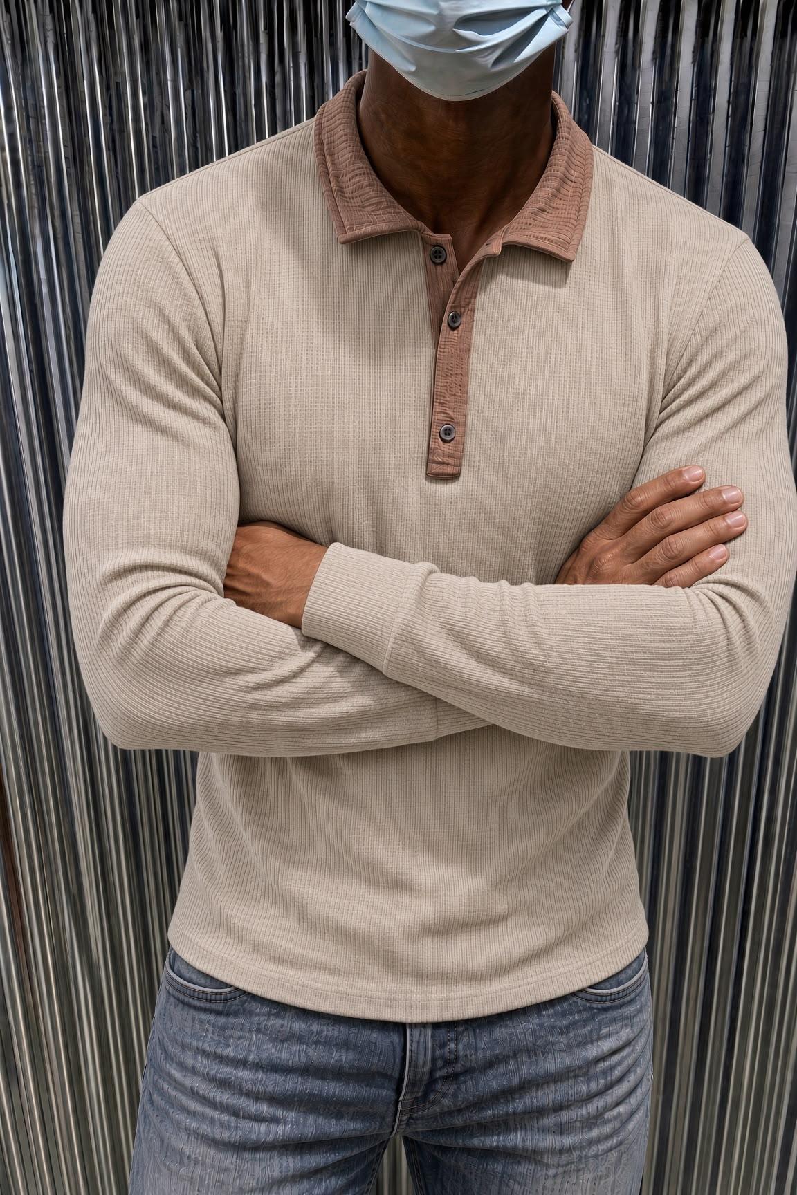 Sayz Erkek Ribanalı Polo Yaka Uzun Kollu Tişört - Kontrast Yaka Slim Fit Düğmeli Sweatshirt