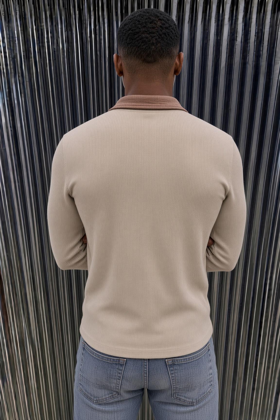 Sayz Erkek Ribanalı Polo Yaka Uzun Kollu Tişört - Kontrast Yaka Slim Fit Düğmeli Sweatshirt