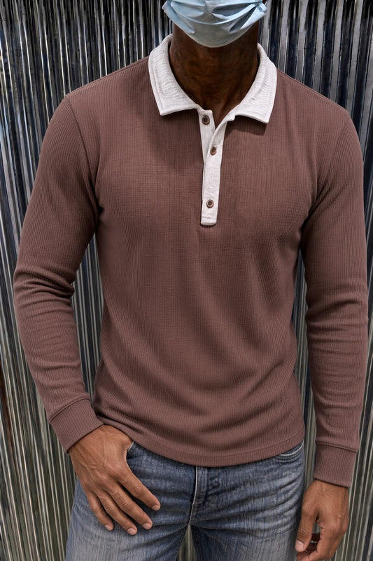 Sayz Erkek Ribanalı Polo Yaka Uzun Kollu Tişört - Kontrast Yaka Slim Fit Düğmeli Sweatshirt