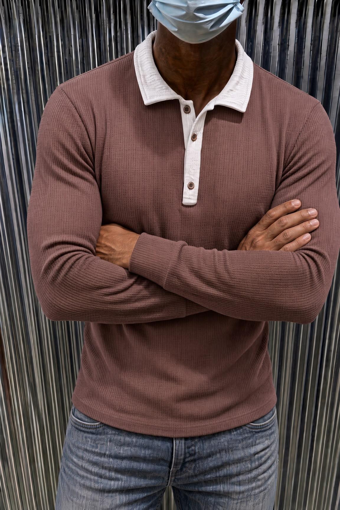 Sayz Erkek Ribanalı Polo Yaka Uzun Kollu Tişört - Kontrast Yaka Slim Fit Düğmeli Sweatshirt