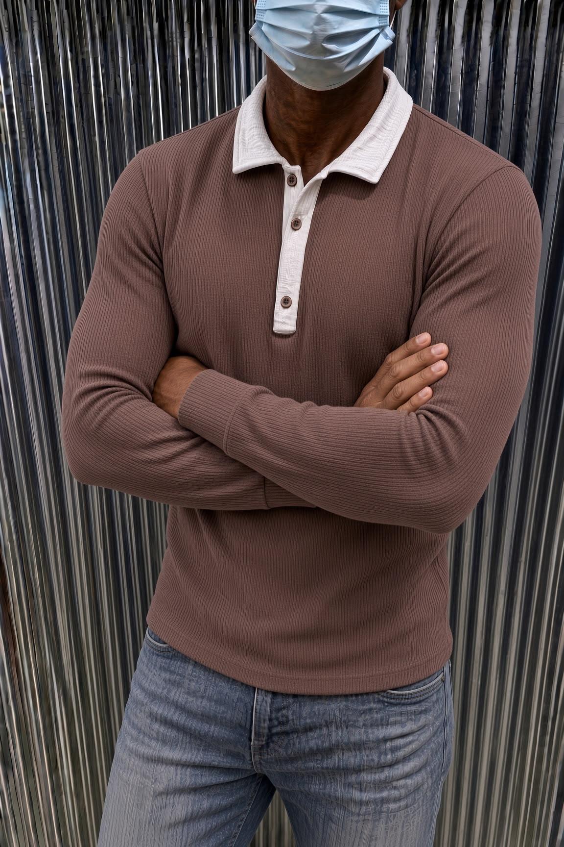 Sayz Erkek Ribanalı Polo Yaka Uzun Kollu Tişört - Kontrast Yaka Slim Fit Düğmeli Sweatshirt