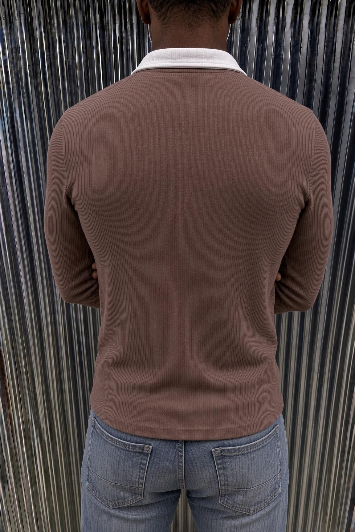 Sayz Erkek Ribanalı Polo Yaka Uzun Kollu Tişört - Kontrast Yaka Slim Fit Düğmeli Sweatshirt