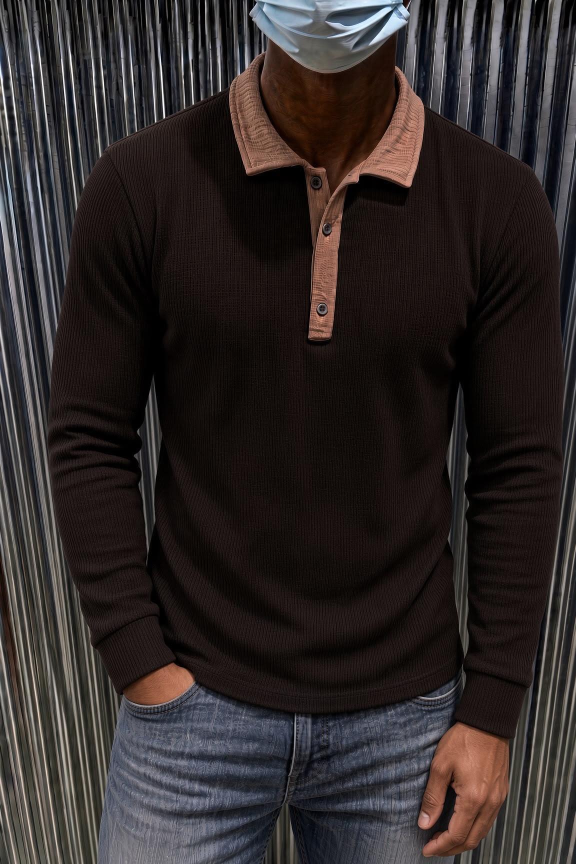 Sayz Erkek Ribanalı Polo Yaka Uzun Kollu Tişört - Kontrast Yaka Slim Fit Düğmeli Sweatshirt