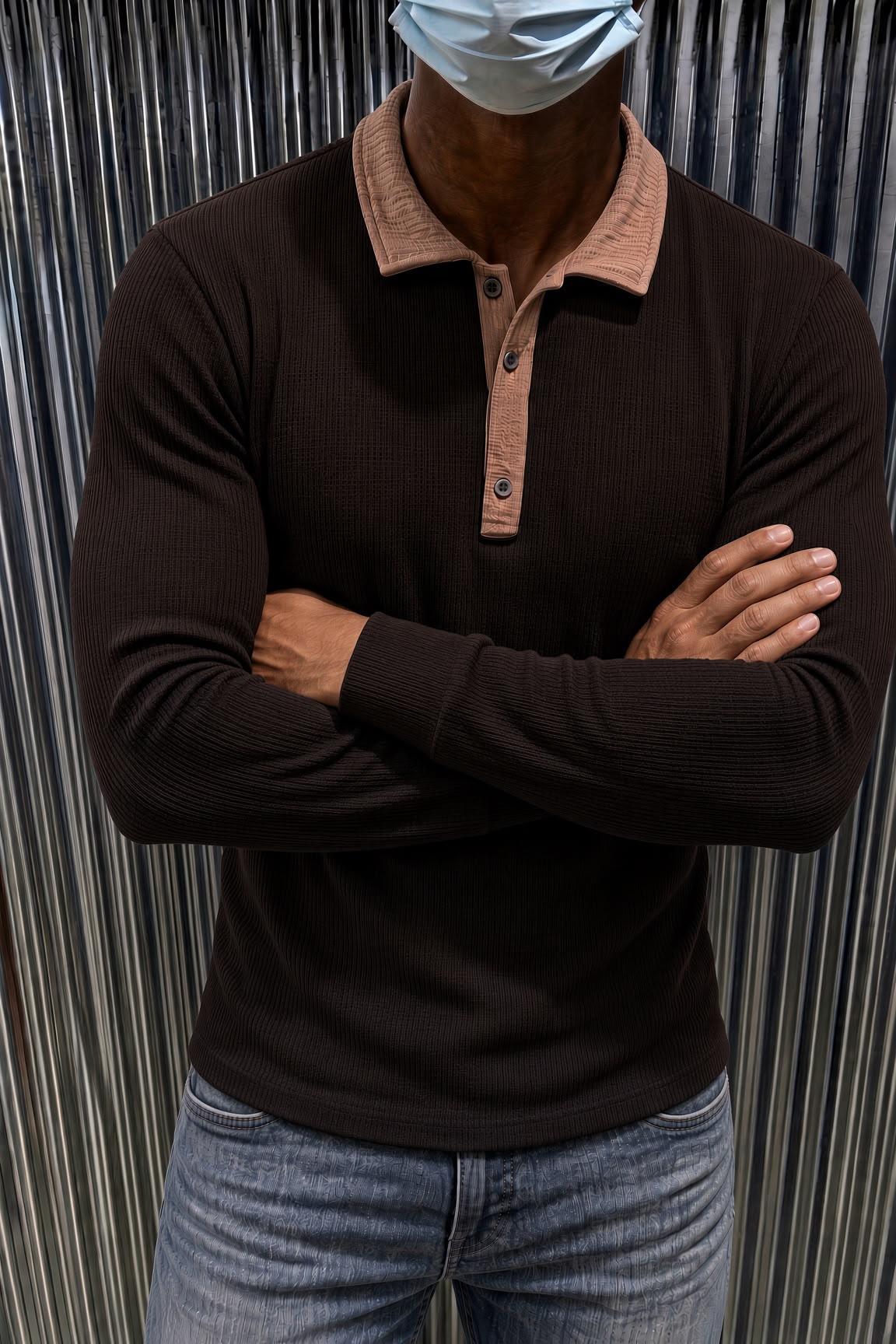 Sayz Erkek Ribanalı Polo Yaka Uzun Kollu Tişört - Kontrast Yaka Slim Fit Düğmeli Sweatshirt