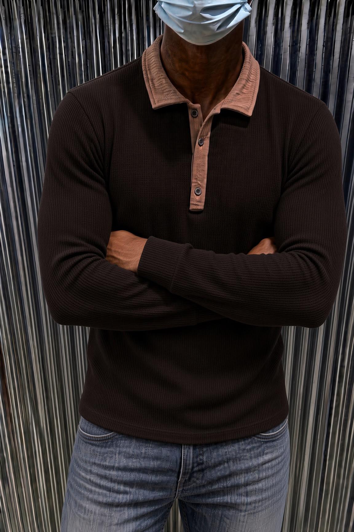 Sayz Erkek Ribanalı Polo Yaka Uzun Kollu Tişört - Kontrast Yaka Slim Fit Düğmeli Sweatshirt