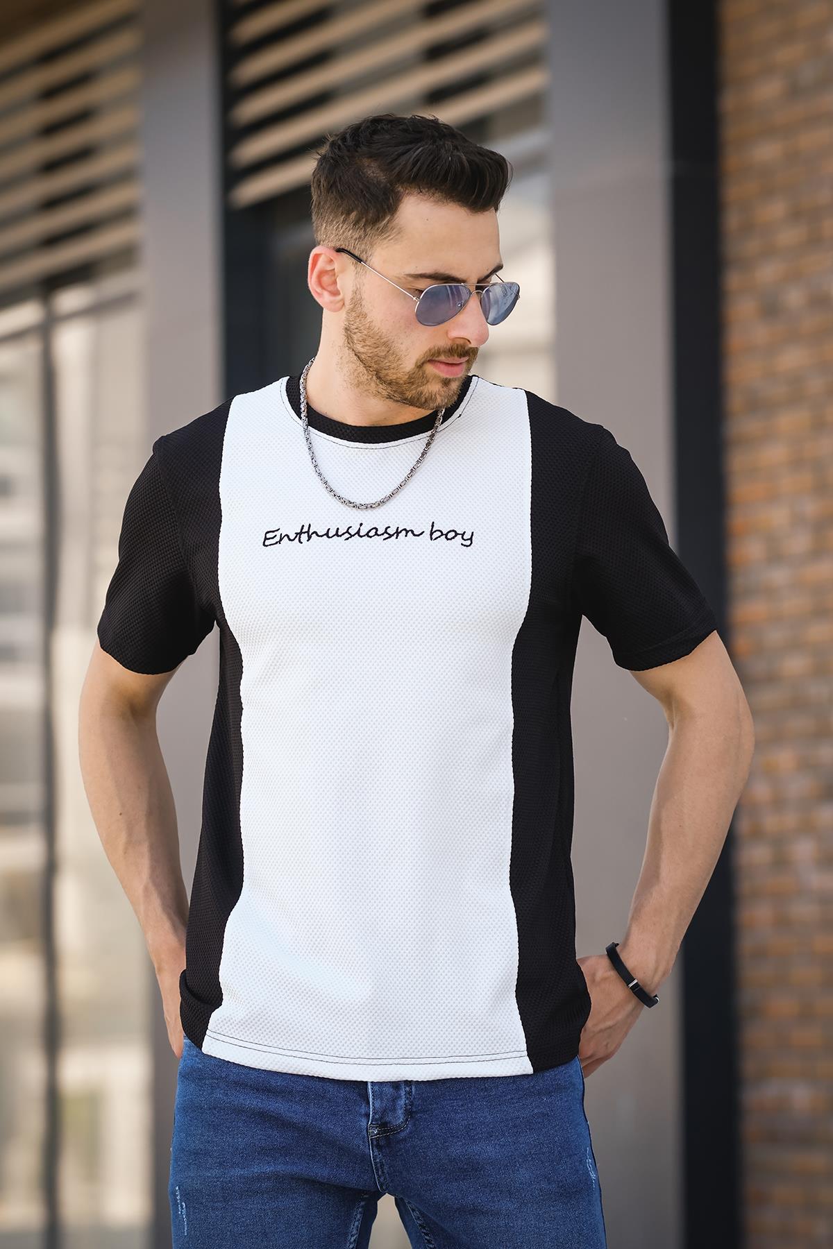 Scarp Nakışlı Parçalı Waffle Desen Slim Fit Likralı Erkek Tshirt