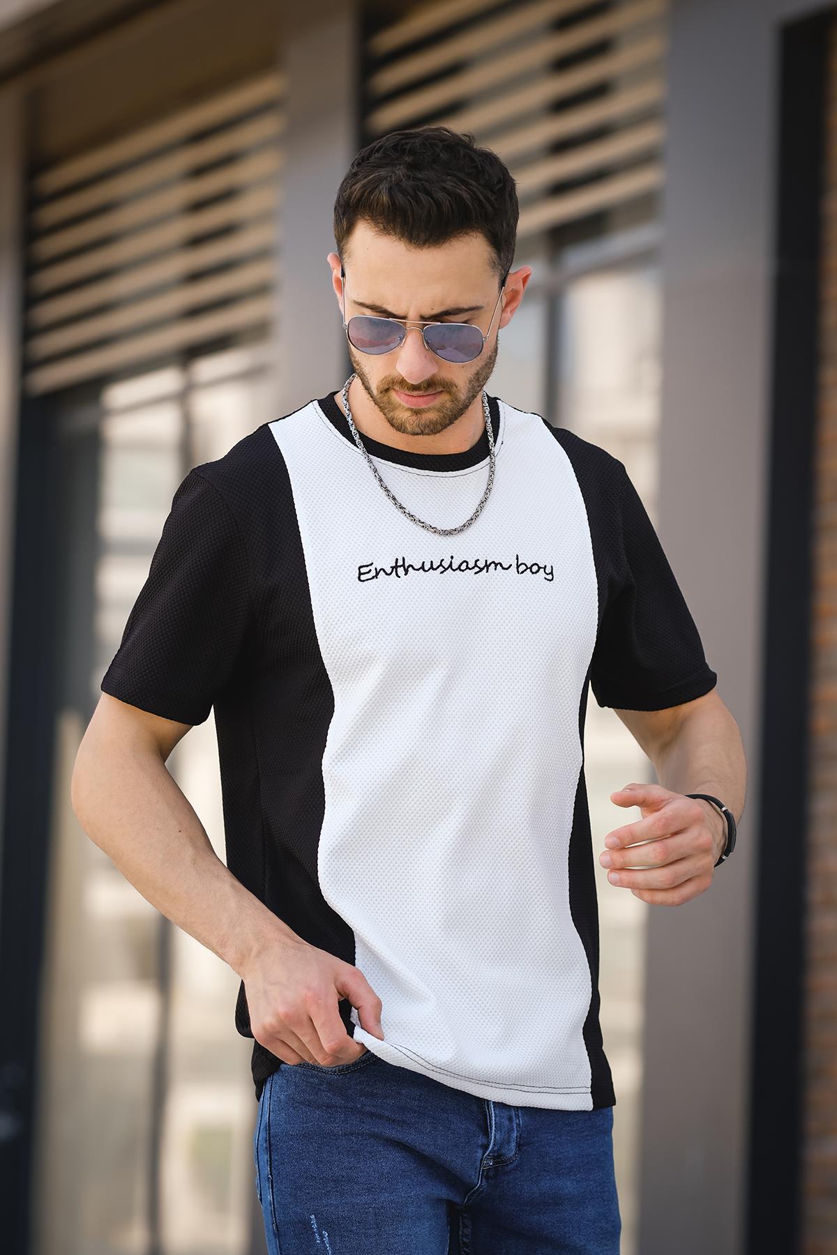 Scarp Nakışlı Parçalı Waffle Desen Slim Fit Likralı Erkek Tshirt