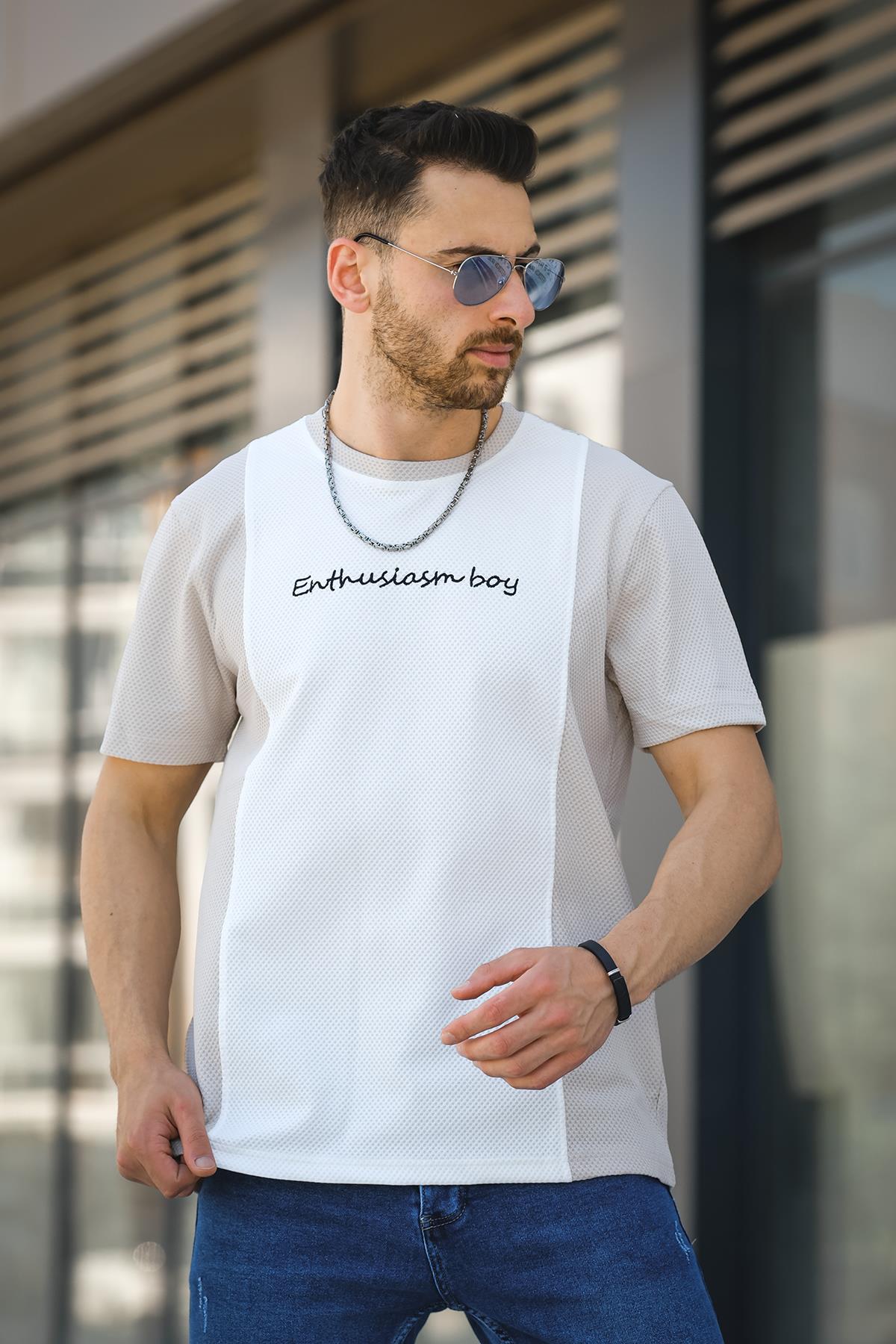 Scarp Nakışlı Parçalı Waffle Desen Slim Fit Likralı Erkek Tshirt