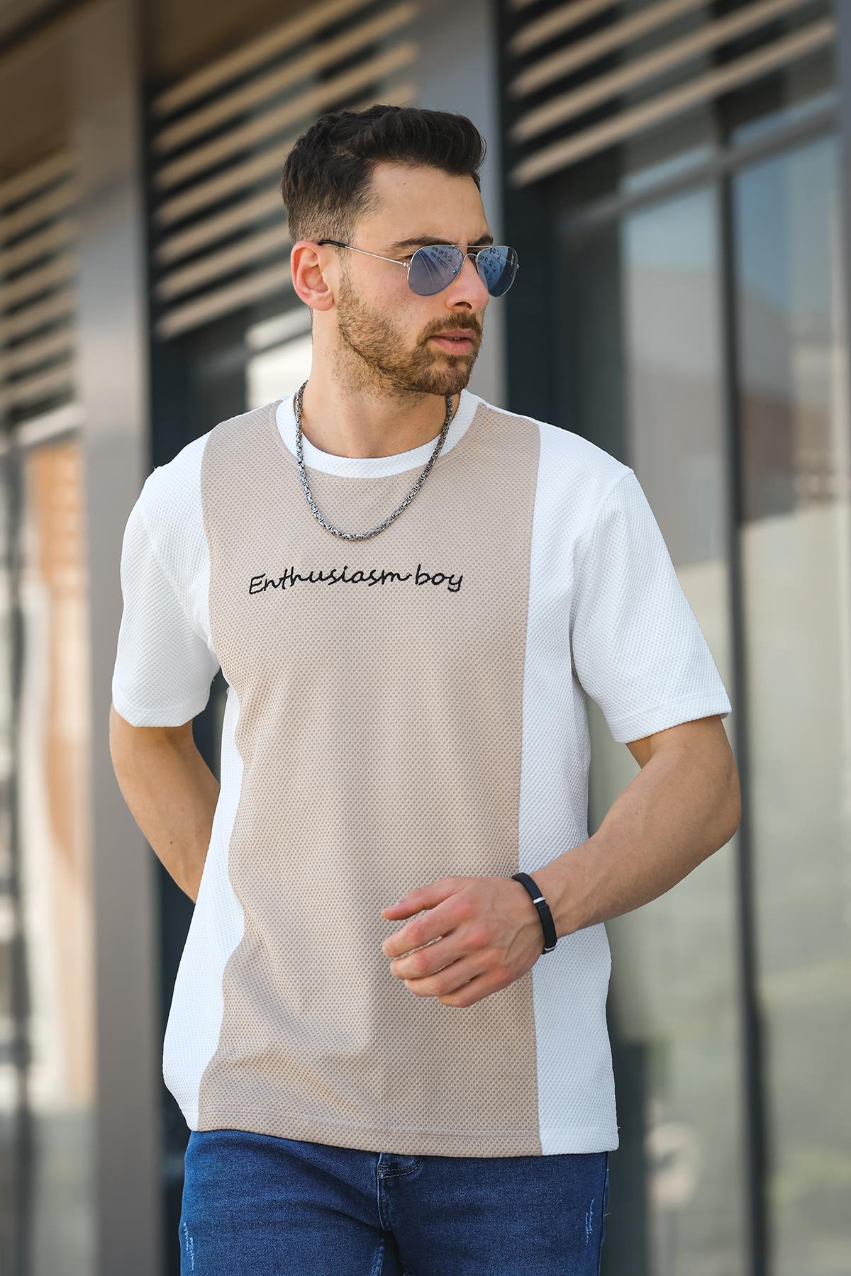 Scarp Nakışlı Parçalı Waffle Desen Slim Fit Likralı Erkek Tshirt