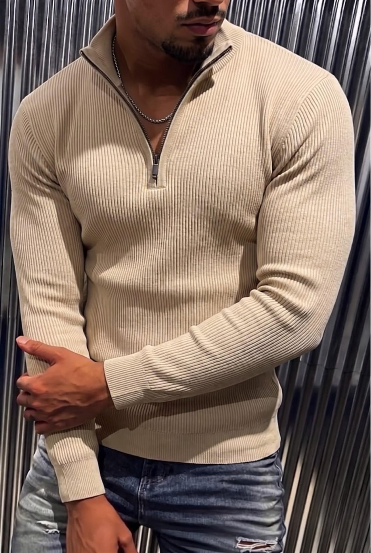 Seka 186 Erkek Slim Fit Fermuarlı Dik Yaka Fitilli Likralı Triko Kazak