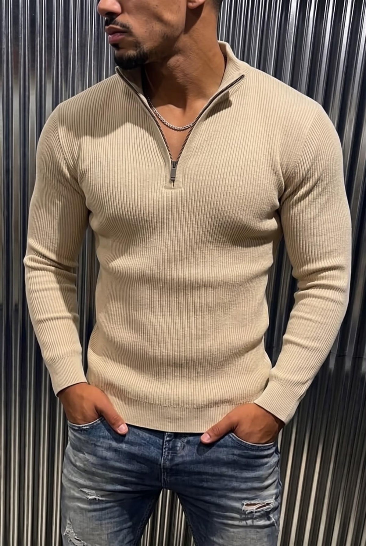 Seka 186 Erkek Slim Fit Fermuarlı Dik Yaka Fitilli Likralı Triko Kazak