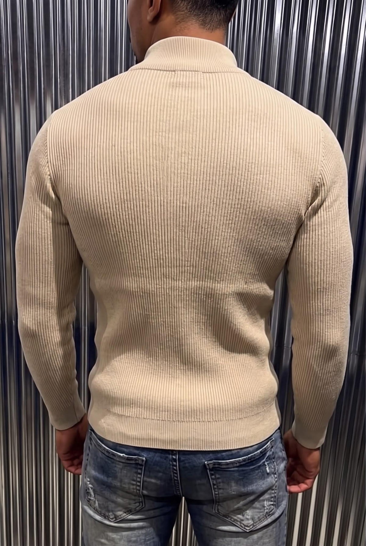 Seka 186 Erkek Slim Fit Fermuarlı Dik Yaka Fitilli Likralı Triko Kazak