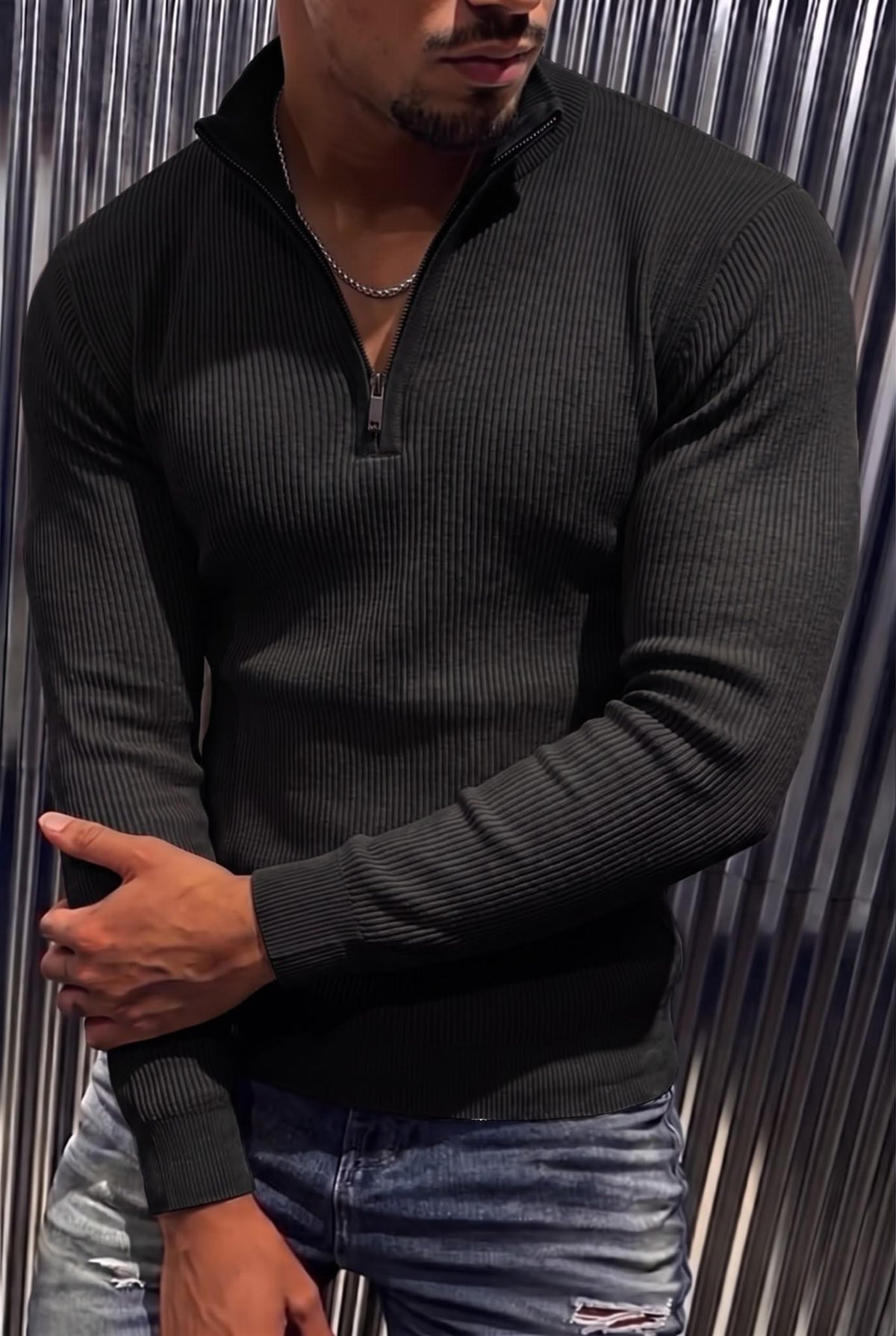 Seka 186 Erkek Slim Fit Fermuarlı Dik Yaka Fitilli Likralı Triko Kazak