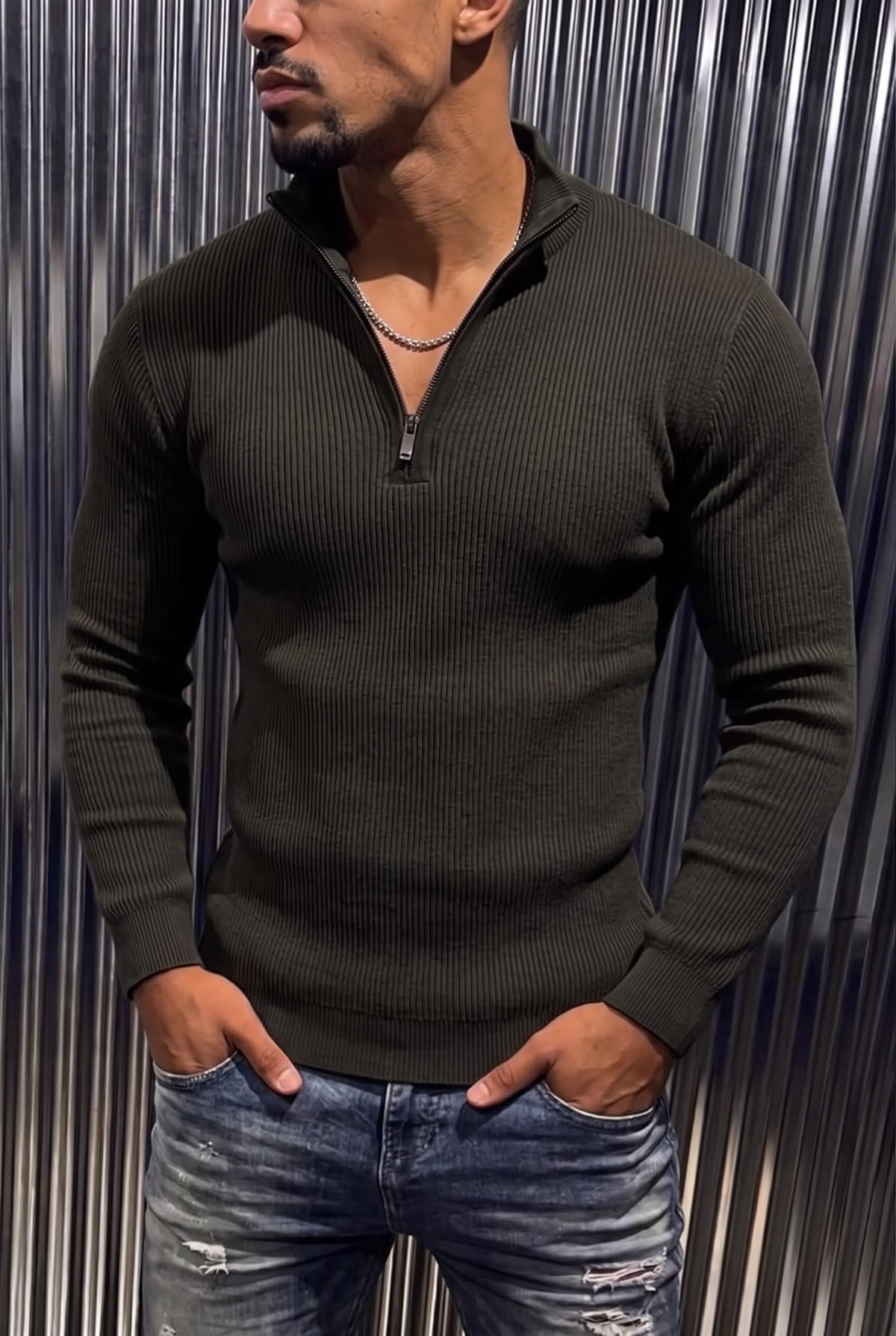 Seka 186 Erkek Slim Fit Fermuarlı Dik Yaka Fitilli Likralı Triko Kazak