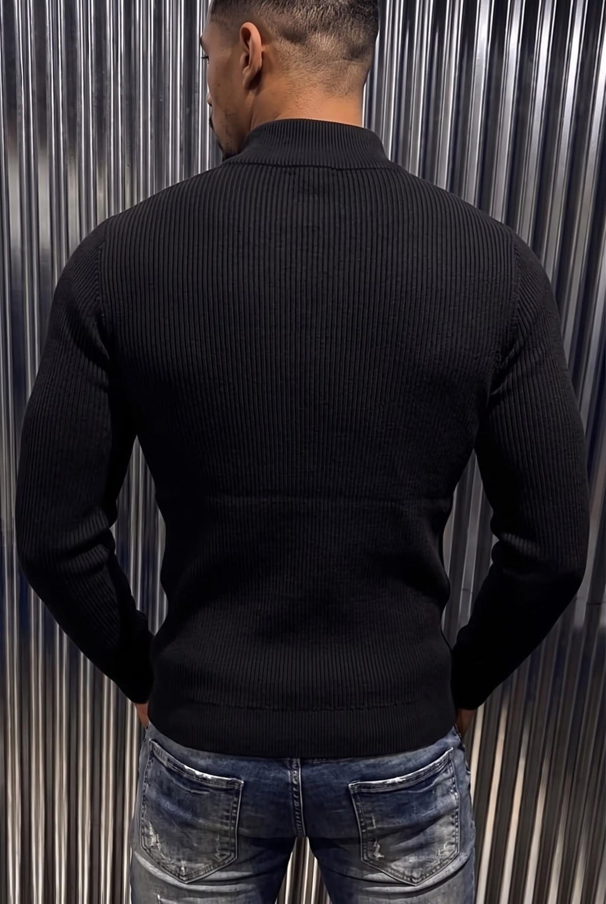 Seka 186 Erkek Slim Fit Fermuarlı Dik Yaka Fitilli Likralı Triko Kazak