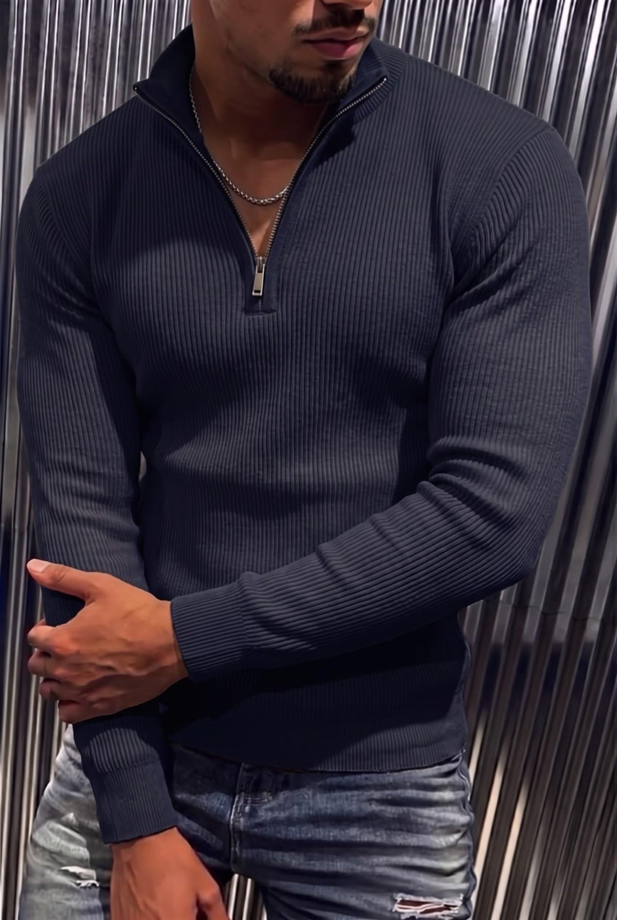 Seka 186 Erkek Slim Fit Fermuarlı Dik Yaka Fitilli Likralı Triko Kazak